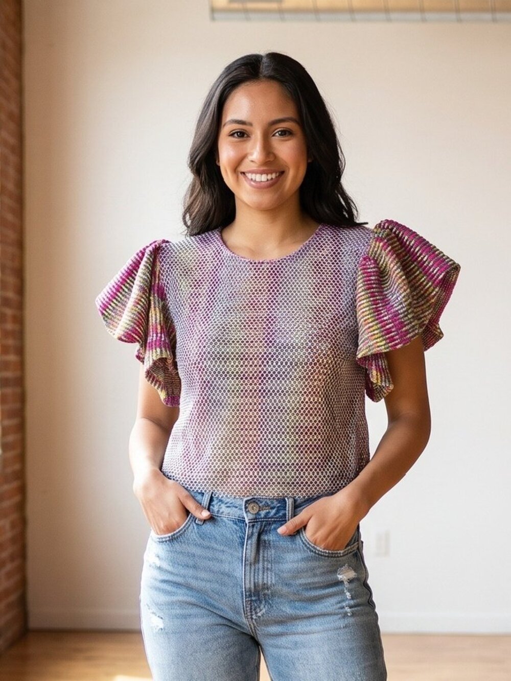 Uterque multicolor iridescent crystal mesh top size L
